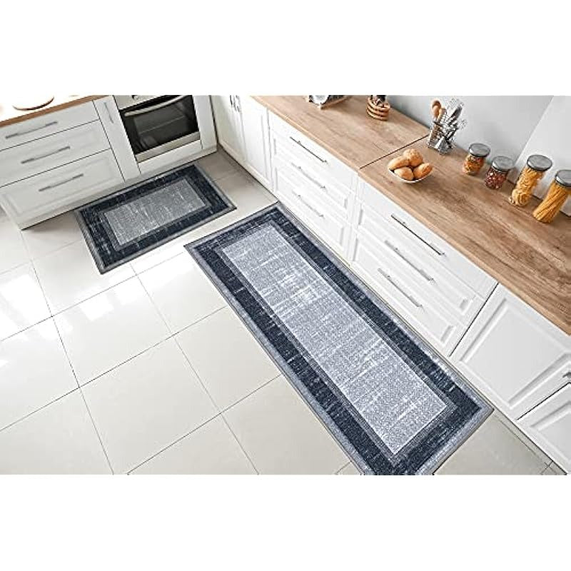 Ensemble de 2 tapis de passage en coton égyptien avec bordure et dos antidérapant