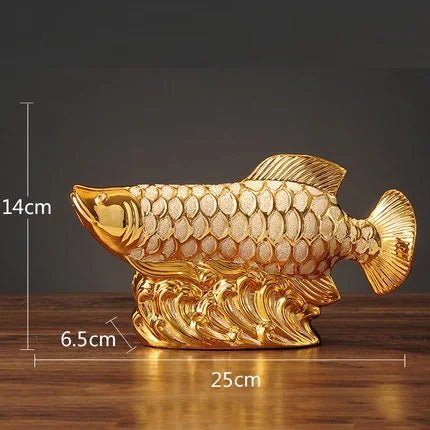 Figurine Décorative en Céramique Poisson Arowana Doré - Objet d'Art pour Décoration Maison et Mariage - Cuisine Chez Nadine