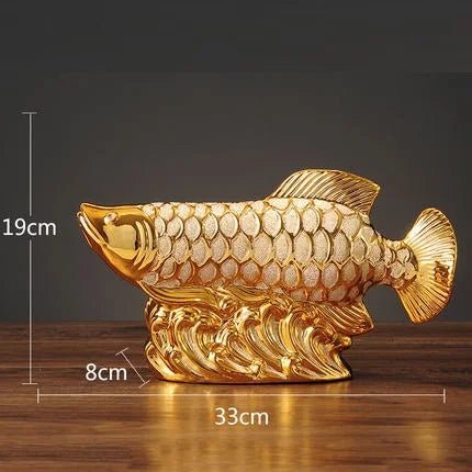 Figurine Décorative en Céramique Poisson Arowana Doré - Objet d'Art pour Décoration Maison et Mariage - Cuisine Chez Nadine