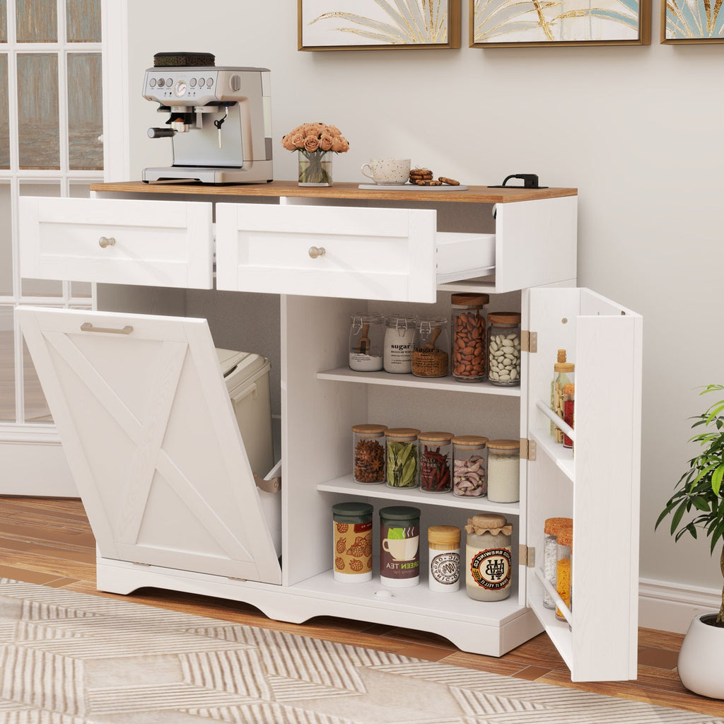 Meuble de rangement cuisine avec poubelle basculante COSTWAY - 2 tiroirs et prise électrique - Cuisine Chez Nadine