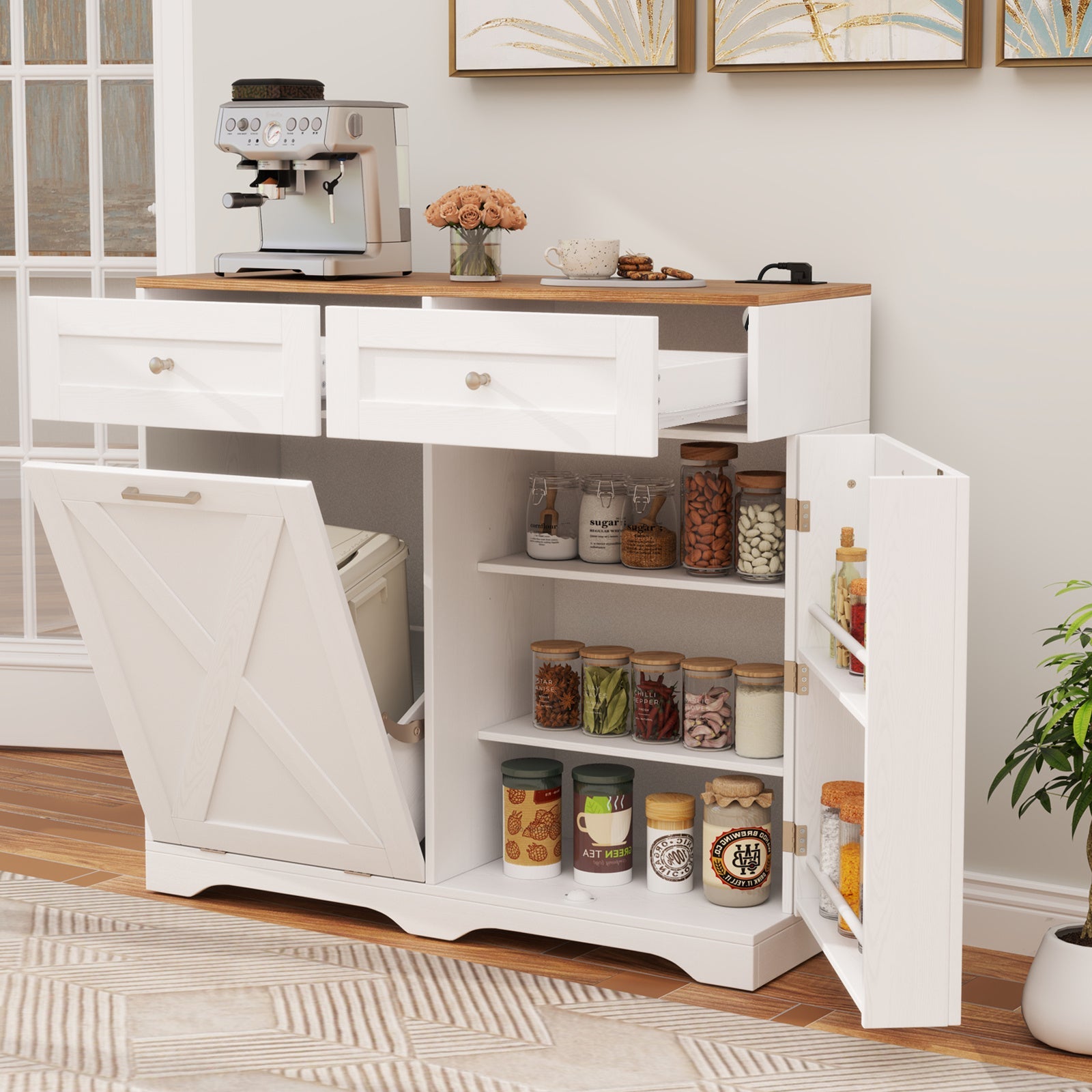 Meuble de rangement cuisine avec poubelle basculante COSTWAY - 2 tiroirs et prise électrique - Cuisine Chez Nadine