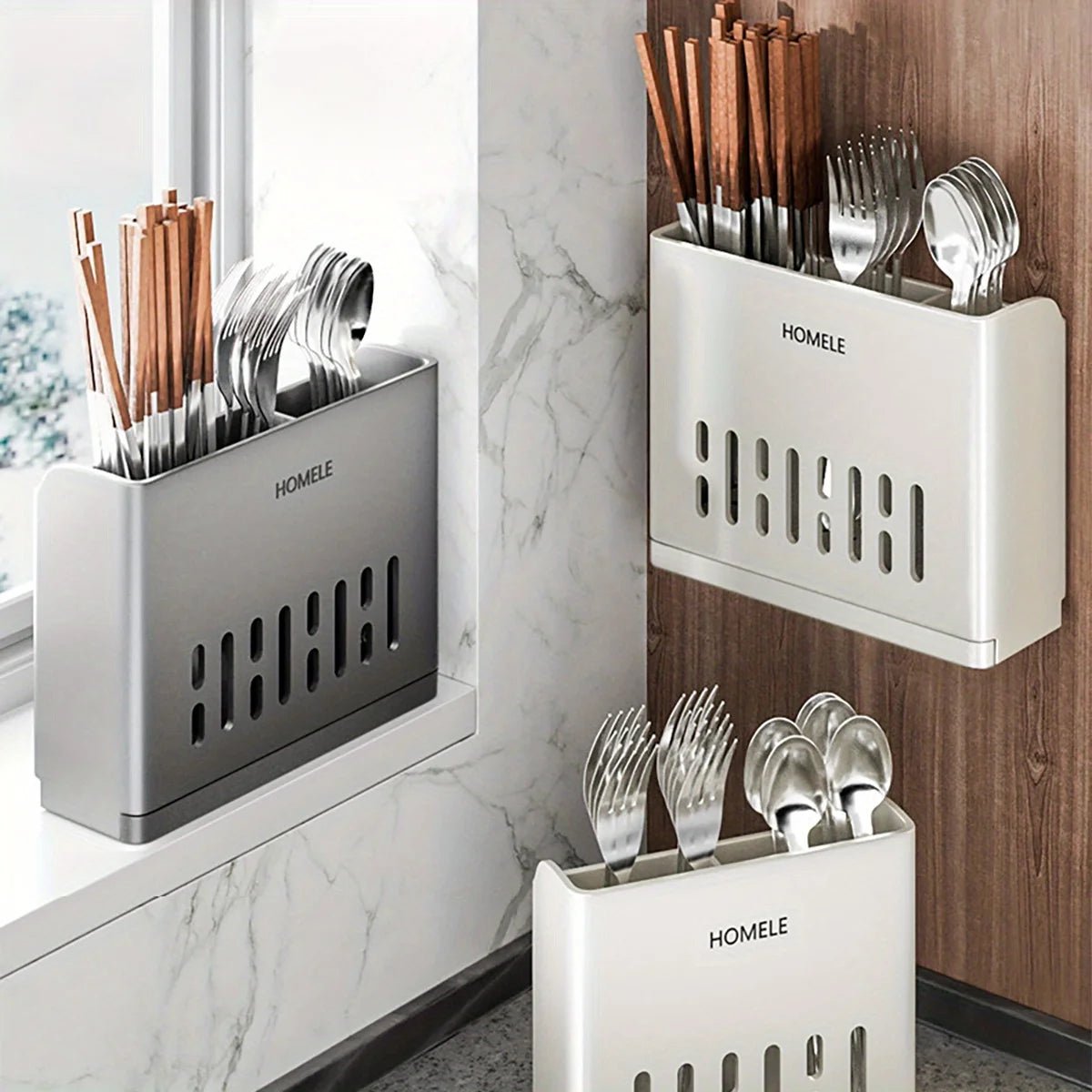 Organisateur de Couverts Multifonctionnel avec Base Égouttage Amovible - Porte - Ustensiles Mural - Cuisine Chez Nadine