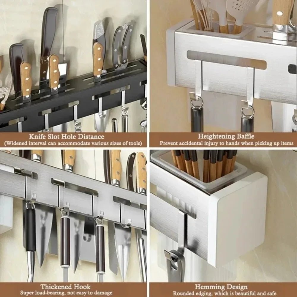 Organisateur de Cuisine Mural en Acier Inoxydable - Support Couteaux Multifonction Rangement Cuillères Fourchettes Ustensiles 50cm - Cuisine Chez Nadine