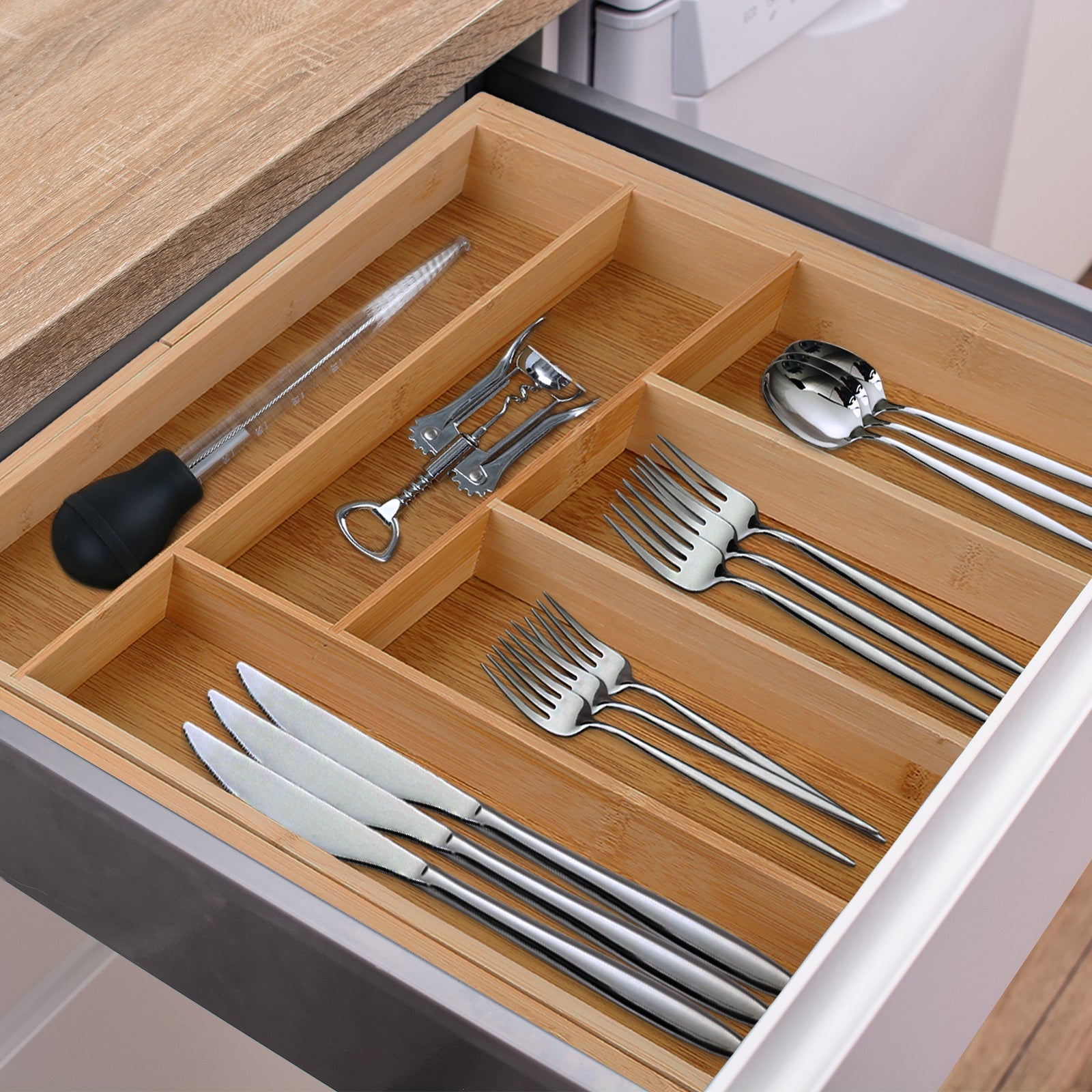 Organisateur de tiroir ajustable en bambou pour ustensiles et couverts - Extensible - Cuisine Chez Nadine