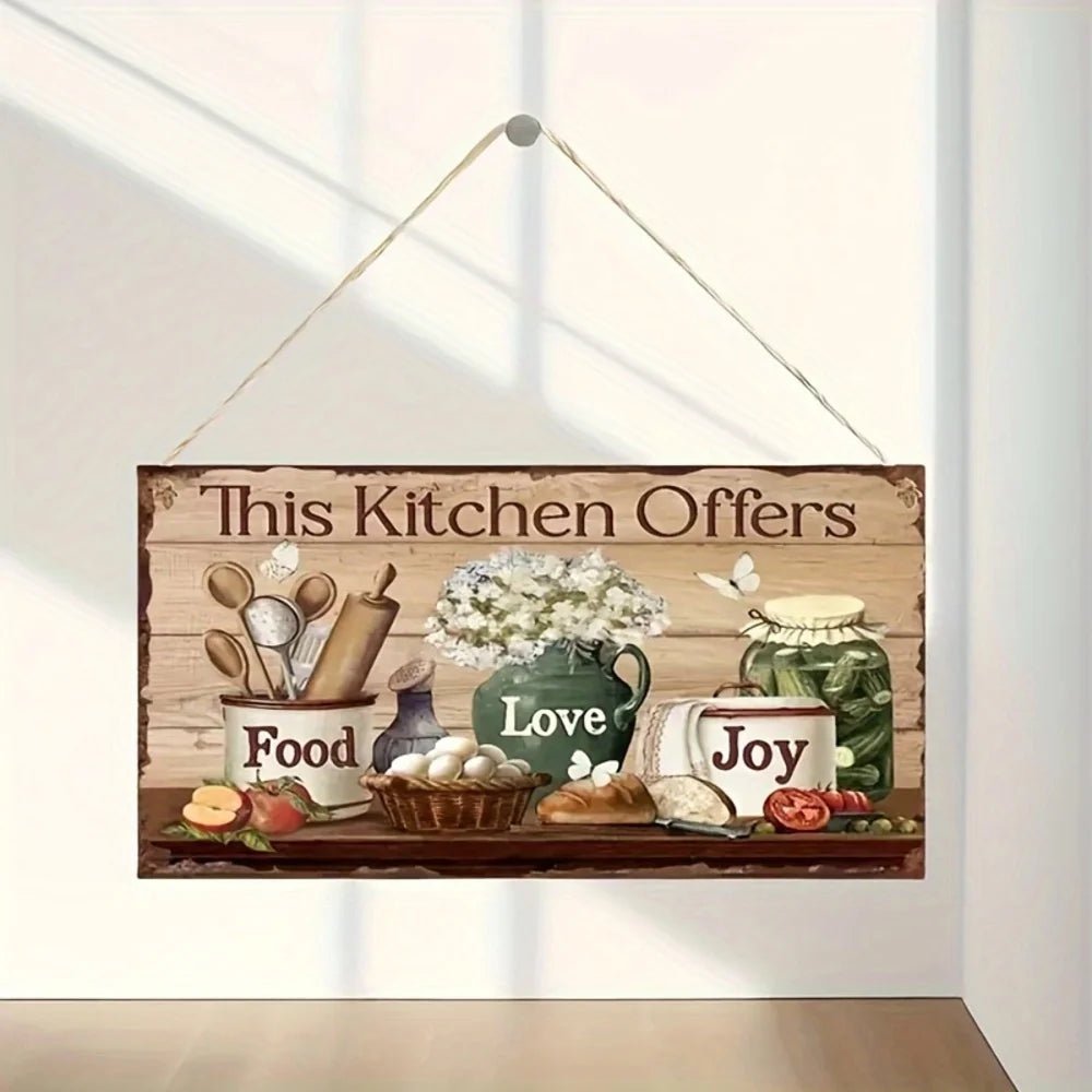 Plaque décorative murale en bois style rustique - "Cette cuisine offre nourriture, amour et joie" avec illustration florale - Cuisine Chez Nadine