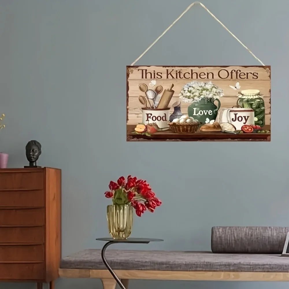 Plaque décorative murale en bois style rustique - "Cette cuisine offre nourriture, amour et joie" avec illustration florale - Cuisine Chez Nadine