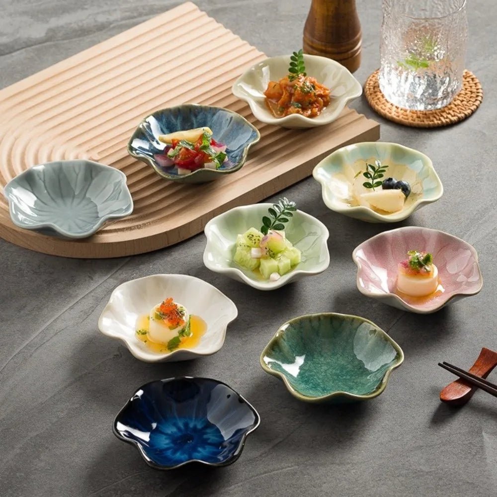 Plat à tremper en céramique style japonais - Forme de lotus avec glaçure artisanale - Bol miniature rétro pour sauce et fondue - Cuisine Chez Nadine