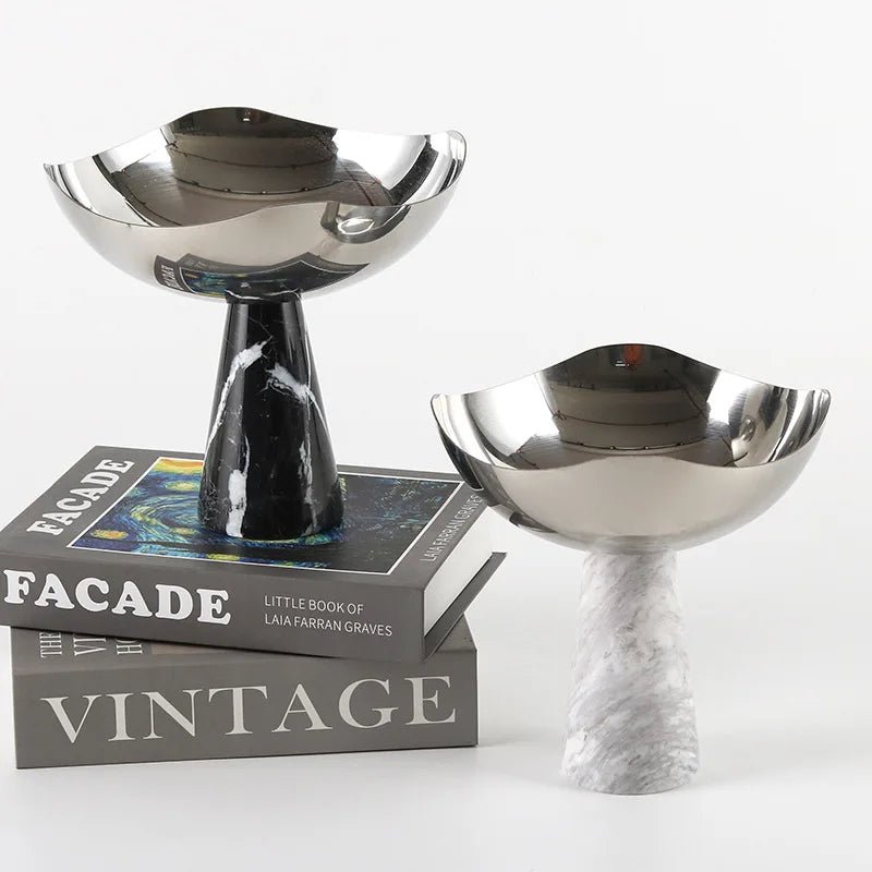 Plateau à fruits en acier inoxydable et marbre - Bol sur pied style scandinave pour desserts et rangement - Cuisine Chez Nadine