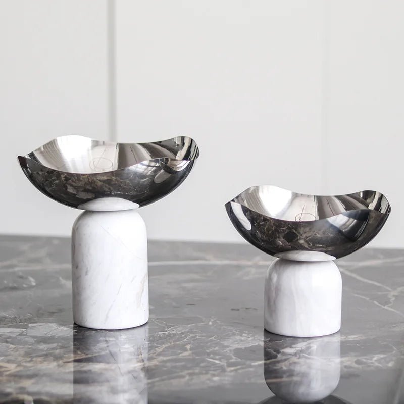 Plateau à fruits en acier inoxydable et marbre - Bol sur pied style scandinave pour desserts et rangement - Cuisine Chez Nadine