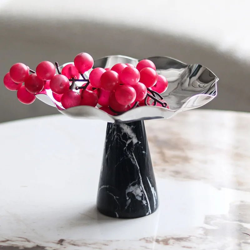 Plateau à fruits en acier inoxydable et marbre - Bol sur pied style scandinave pour desserts et rangement - Cuisine Chez Nadine