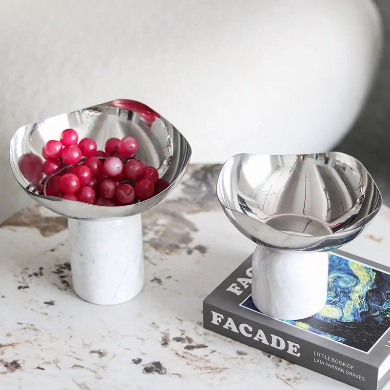 Plateau à fruits en acier inoxydable et marbre - Bol sur pied style scandinave pour desserts et rangement - Cuisine Chez Nadine