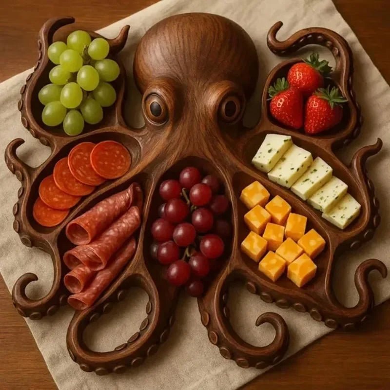 Plateau de charcuterie en forme de pieuvre - Plateau de service créatif en bois pour fruits de mer, fêtes et BBQ - Cuisine Chez Nadine