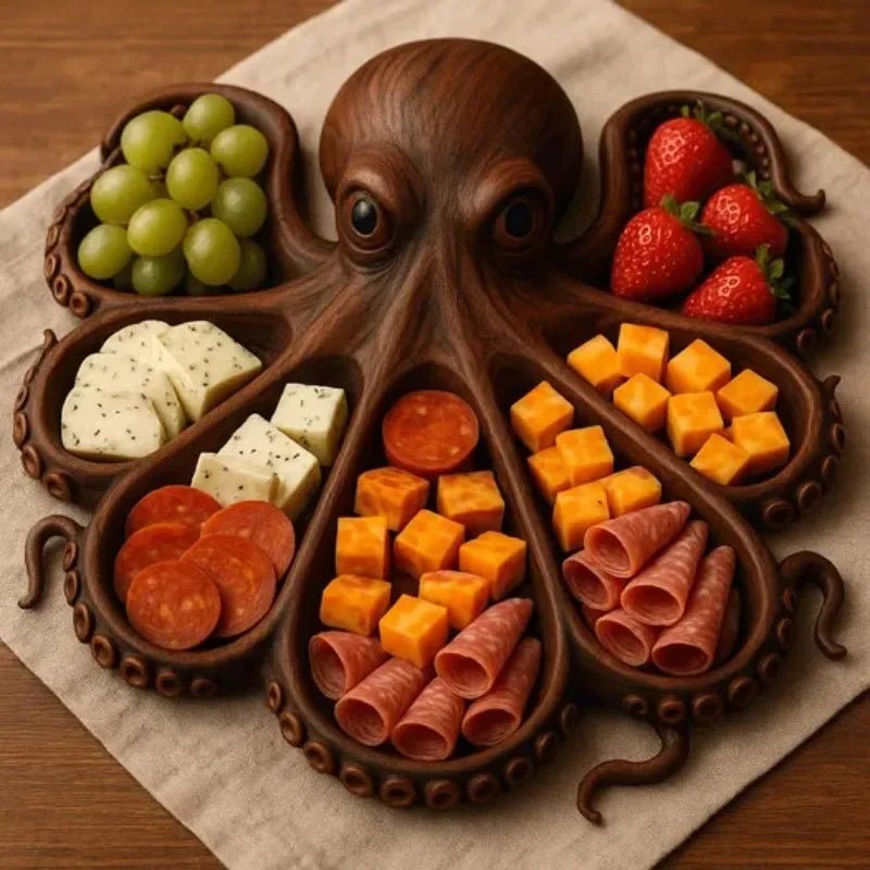 Plateau de charcuterie en forme de pieuvre - Plateau de service créatif en bois pour fruits de mer, fêtes et BBQ - Cuisine Chez Nadine