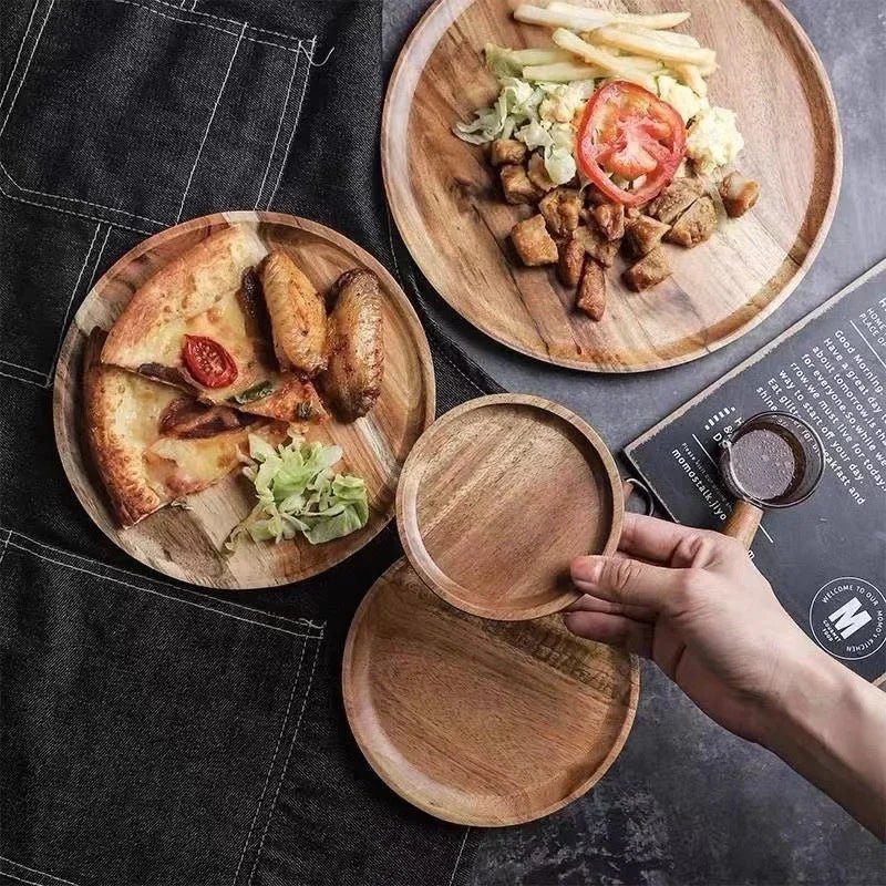 Plateau de service rond en bois - Style rétro pour pizza, salades, fruits et desserts (10/15/20/25 cm) - Cuisine Chez Nadine