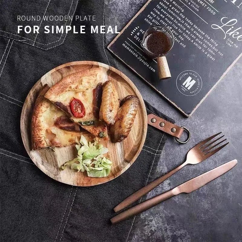 Plateau de service rond en bois - Style rétro pour pizza, salades, fruits et desserts (10/15/20/25 cm) - Cuisine Chez Nadine