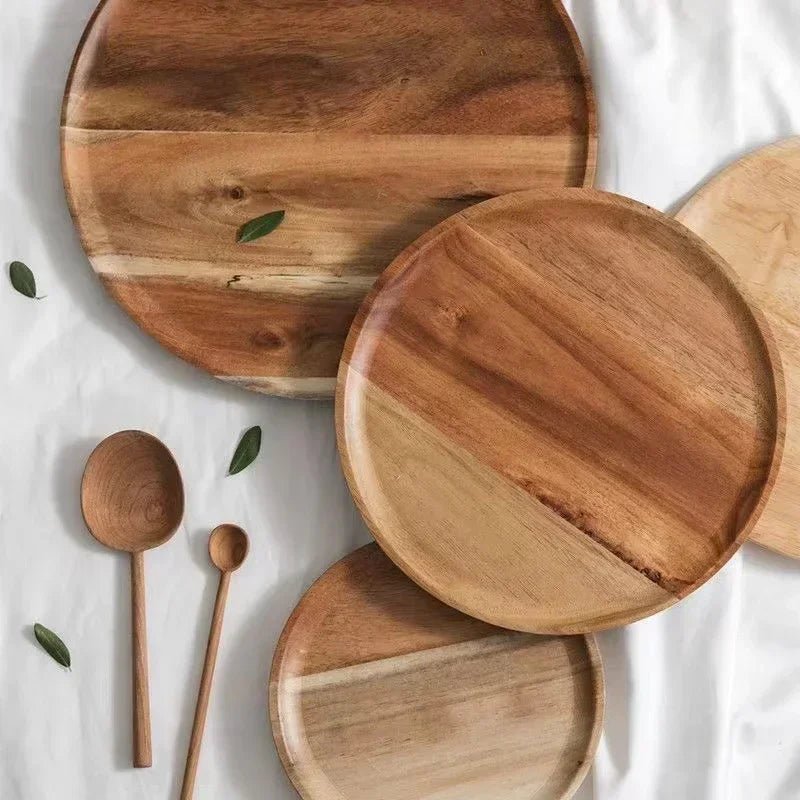Plateau de service rond en bois - Style rétro pour pizza, salades, fruits et desserts (10/15/20/25 cm) - Cuisine Chez Nadine