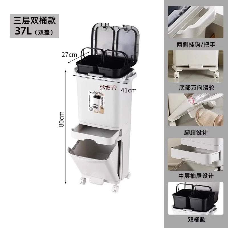Poubelle de Cuisine Grande Capacité 32L avec Couvercle - Séparation Sec et Humide pour Usage Domestique et Nettoyage - Cuisine Chez Nadine