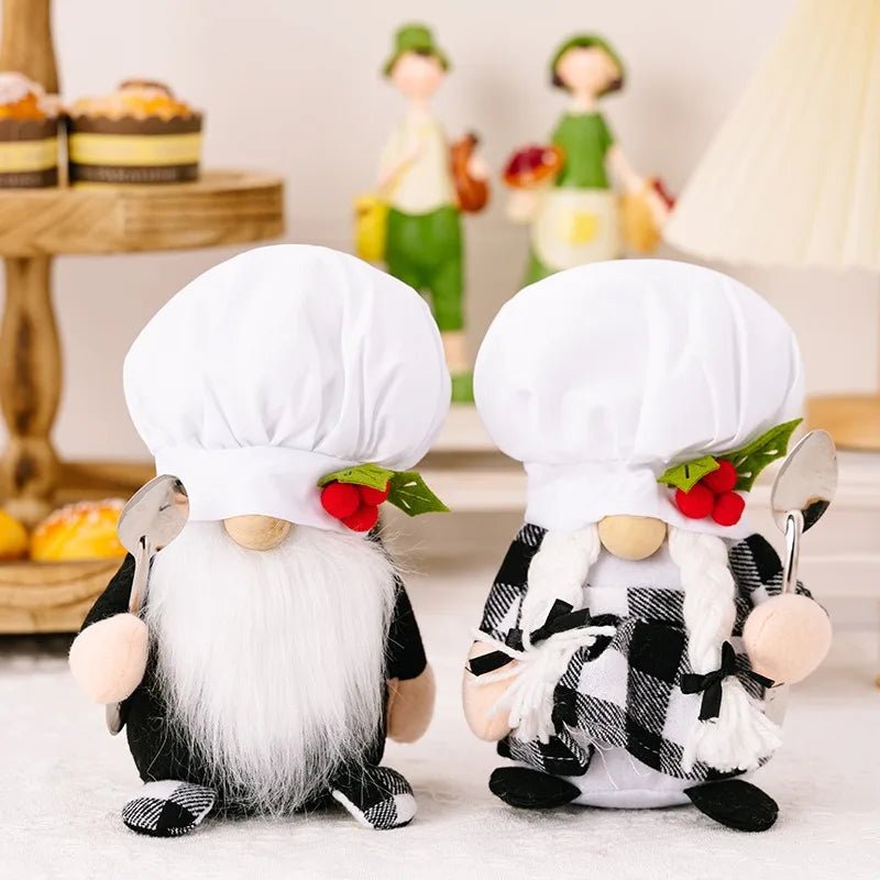 Poupée nain chef sans visage avec cuillère - Ornement créatif en tissu à carreaux pour décoration de cuisine - Cuisine Chez Nadine