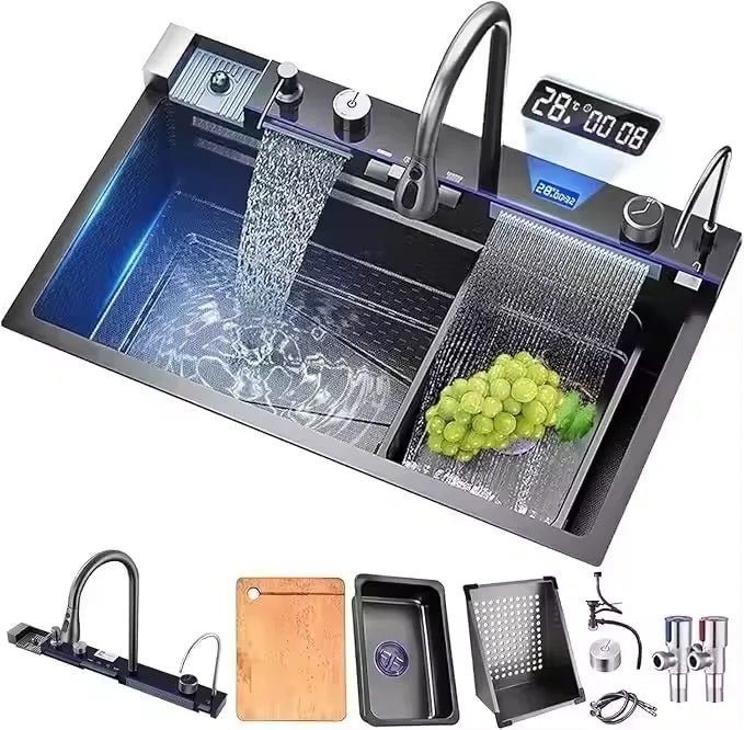 Robinet de Cuisine Cascade avec Affichage Digital – Design Gradué, Inox Brossé Gris Canon - Cuisine Chez Nadine