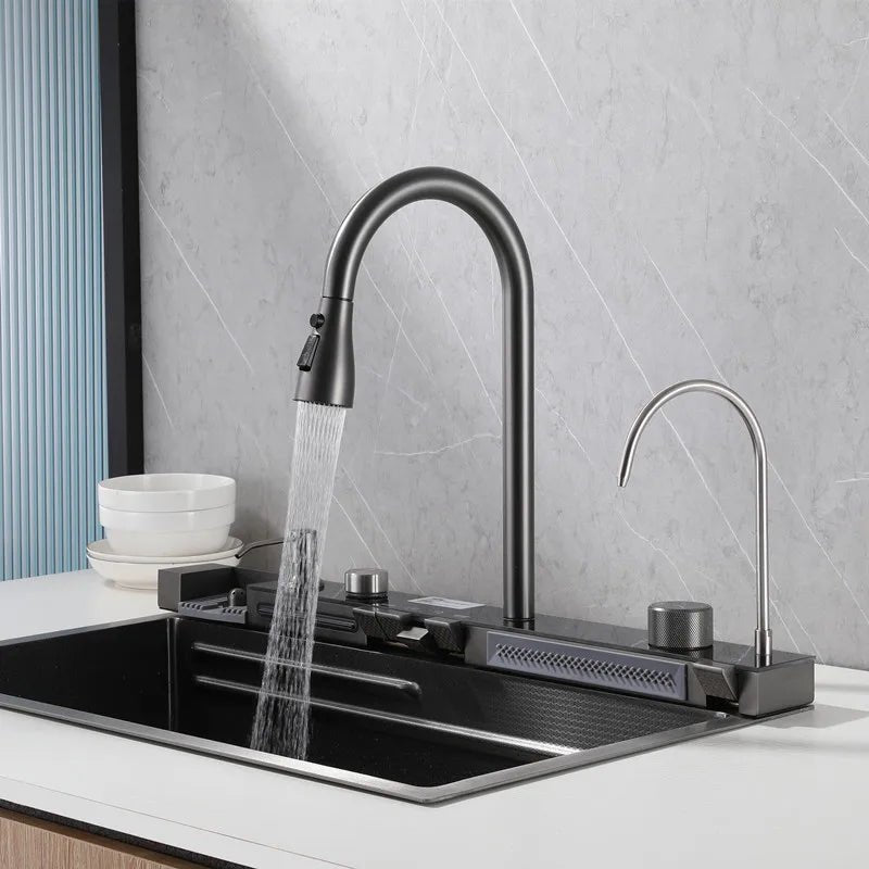 Robinet de Cuisine Cascade avec Affichage Digital – Design Gradué, Inox Brossé Gris Canon - Cuisine Chez Nadine