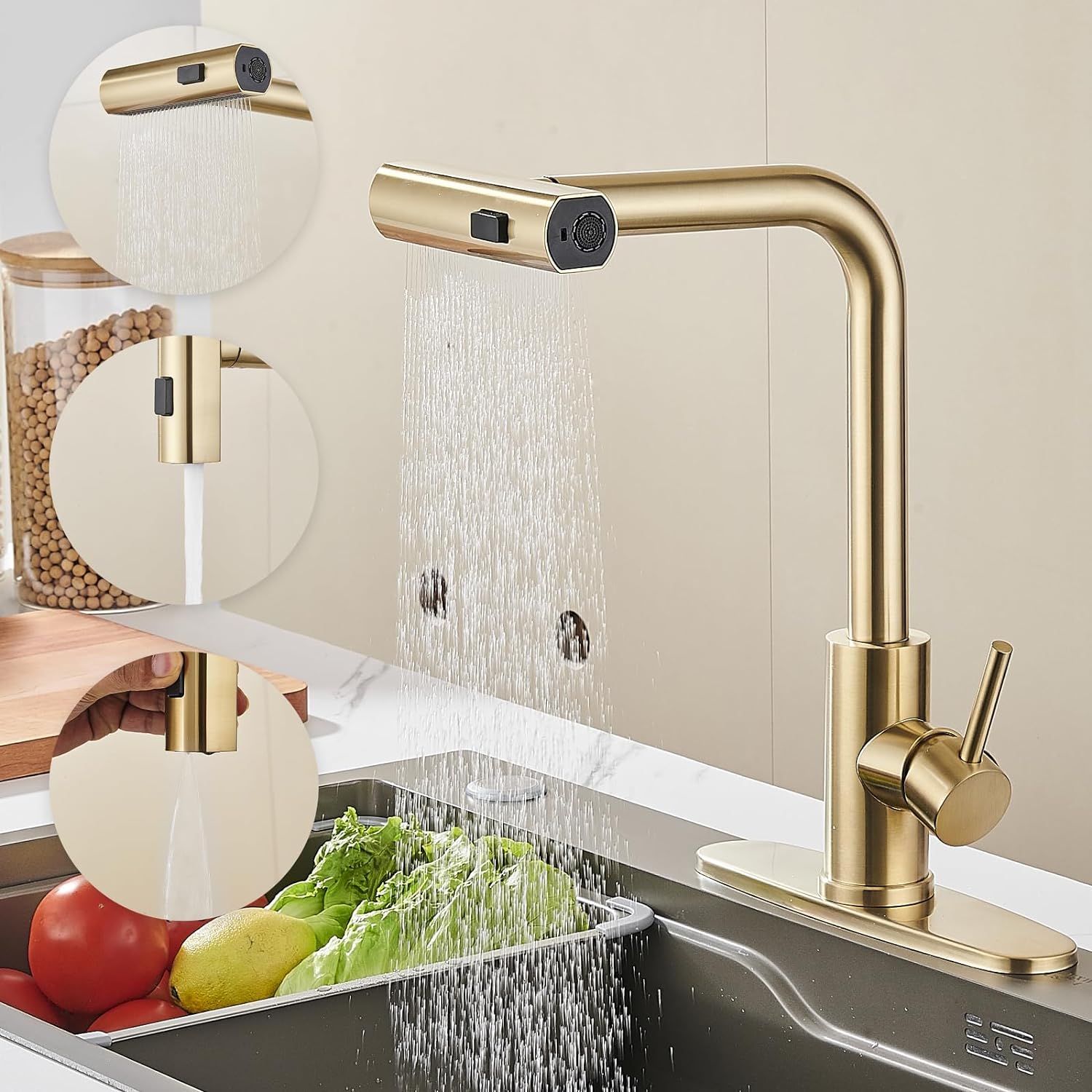 Robinet de cuisine or brossé avec douchette rétractable - Mitigeur cascade tactile en laiton pour évier - Design moderne commercial - Cuisine Chez Nadine