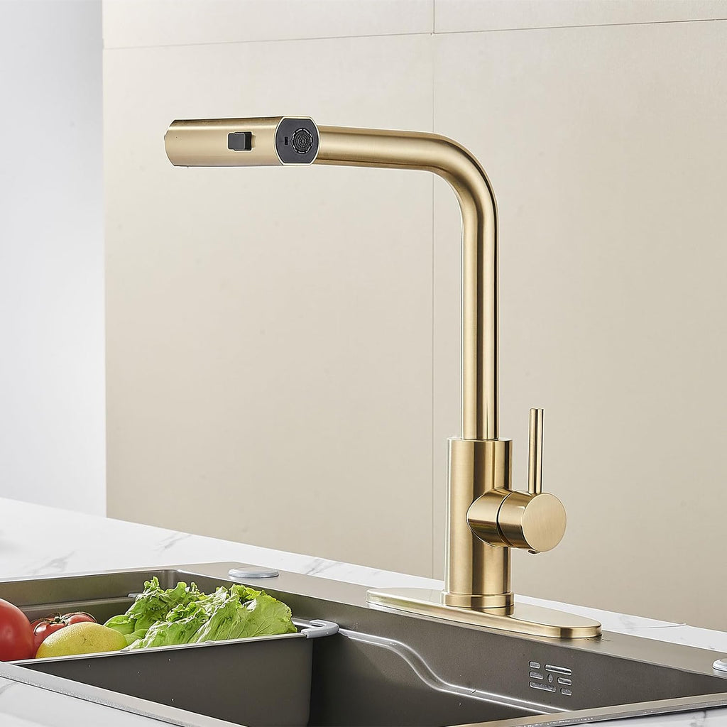 Robinet de cuisine or brossé avec douchette rétractable - Mitigeur cascade tactile en laiton pour évier - Design moderne commercial - Cuisine Chez Nadine