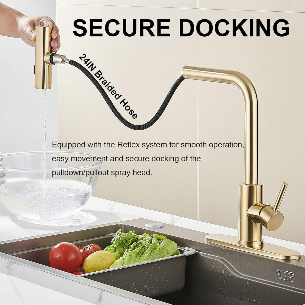 Robinet de cuisine or brossé avec douchette rétractable - Mitigeur cascade tactile en laiton pour évier - Design moderne commercial - Cuisine Chez Nadine