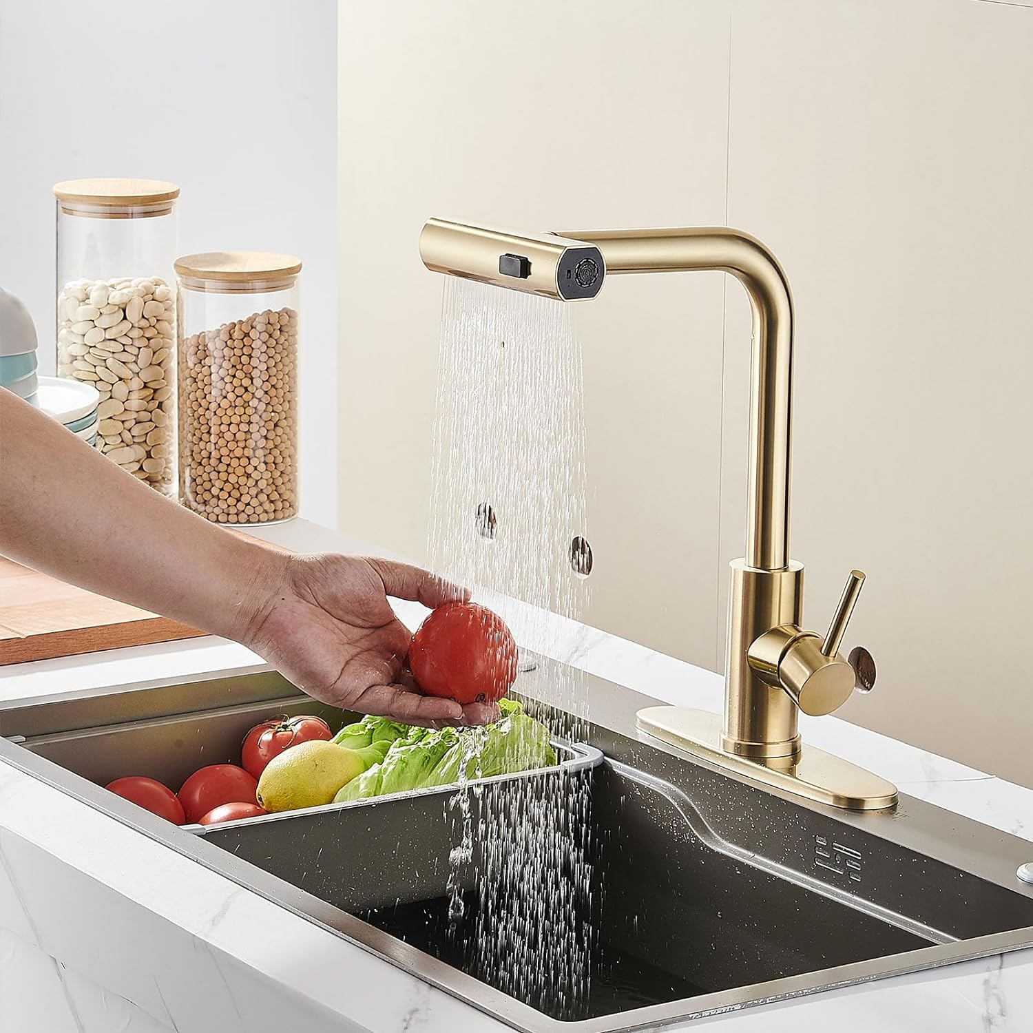 Robinet de cuisine or brossé avec douchette rétractable - Mitigeur cascade tactile en laiton pour évier - Design moderne commercial - Cuisine Chez Nadine