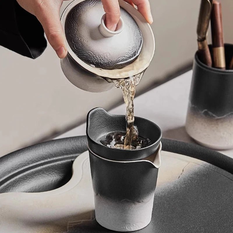 Service à Thé Complet Porcelaine Luxe Style Japonais Kung Fu Théière Infuseur Tasses Soucoupes Plateau Céramique 6 - 9 Personnes - Cuisine Chez Nadine