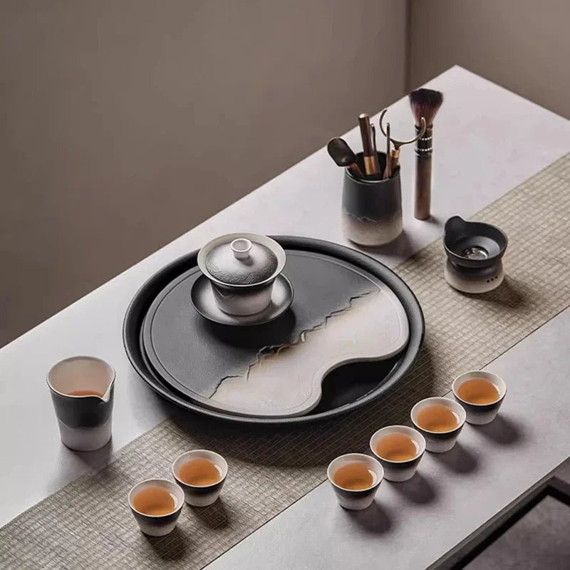 Service à Thé Complet Porcelaine Luxe Style Japonais Kung Fu Théière Infuseur Tasses Soucoupes Plateau Céramique 6 - 9 Personnes - Cuisine Chez Nadine