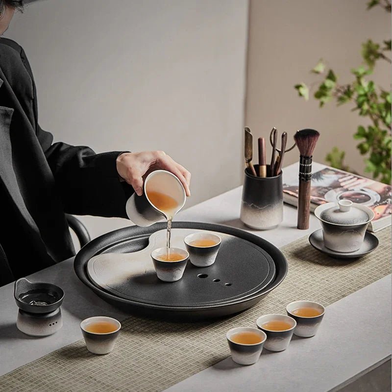 Service à Thé Complet Porcelaine Luxe Style Japonais Kung Fu Théière Infuseur Tasses Soucoupes Plateau Céramique 6 - 9 Personnes - Cuisine Chez Nadine