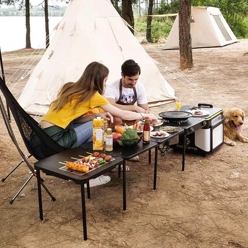 Station Cuisine Camping Pliable Multifonction - Table Portable avec Rangement et Réchaud - 16L Acier Inoxydable pour BBQ Plage Voyage - Cuisine Chez Nadine