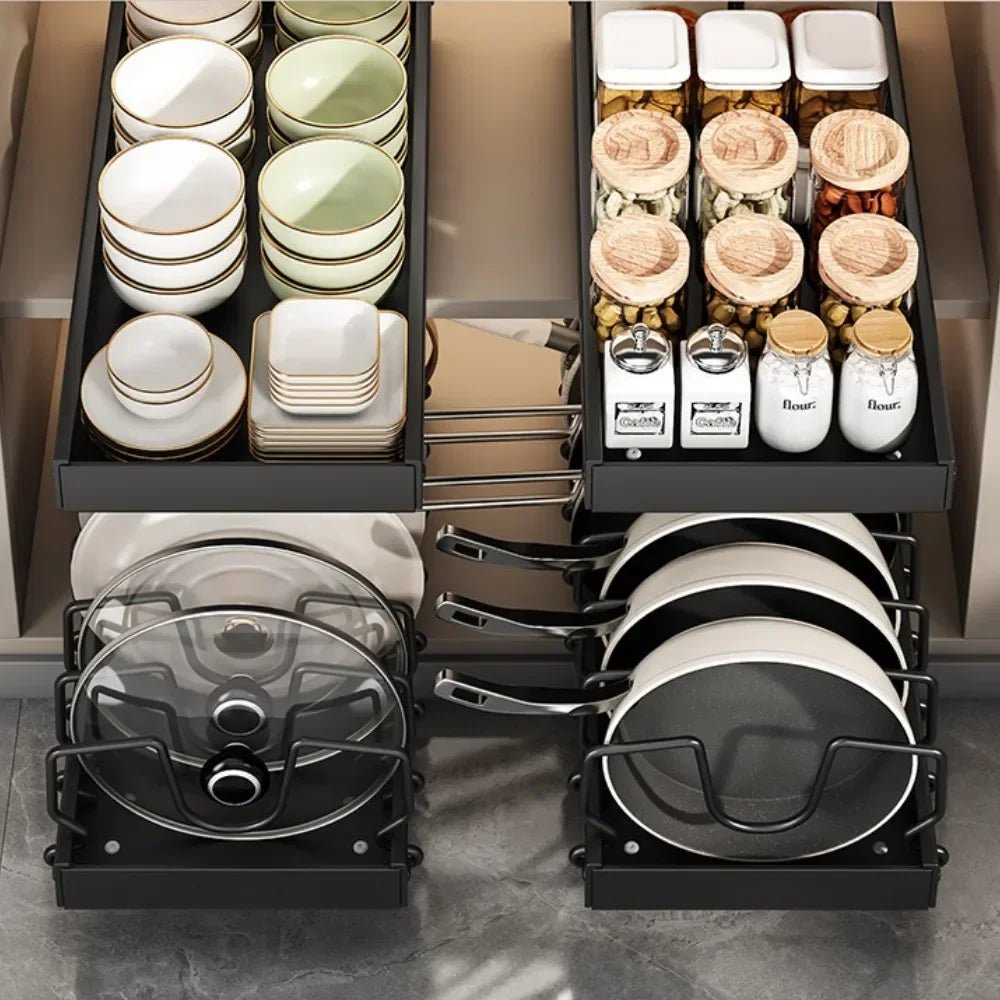 Support à Casseroles Coulissant en Inox – Plateau d’Armoire Réglable avec Séparateurs, 4 Couleurs - Cuisine Chez Nadine