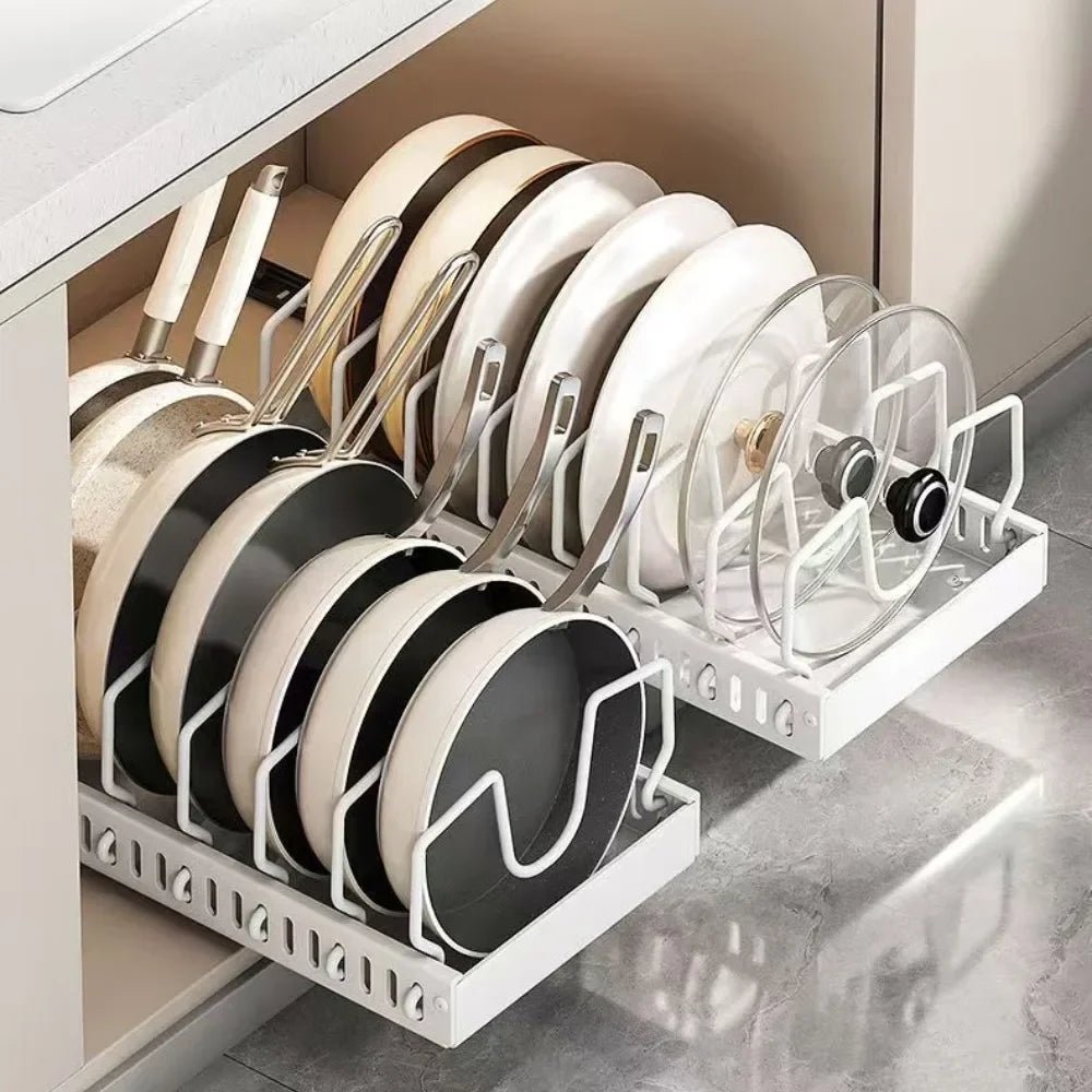 Support à Casseroles Coulissant en Inox – Plateau d’Armoire Réglable avec Séparateurs, 4 Couleurs - Cuisine Chez Nadine