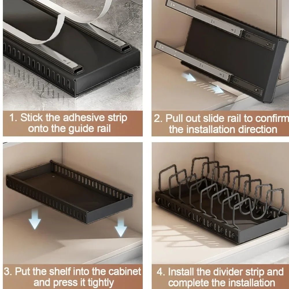 Support à Casseroles Coulissant en Inox – Plateau d’Armoire Réglable avec Séparateurs, 4 Couleurs - Cuisine Chez Nadine