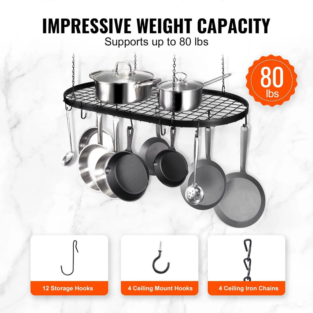 Support Suspendu pour Casseroles 81cm avec 12 Crochets - Porte - Ustensiles Plafond Capacité 36kg - Cuisine Chez Nadine