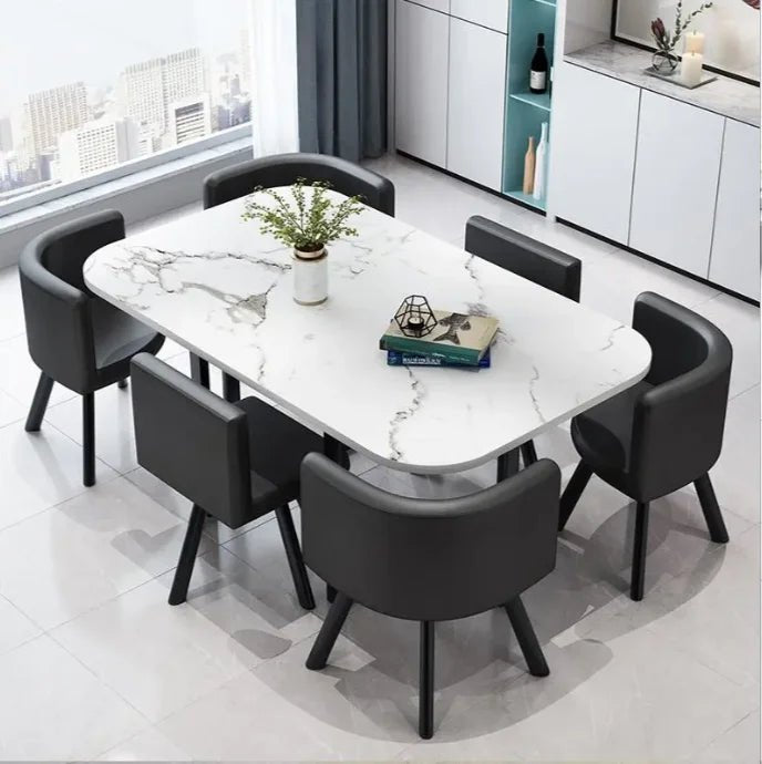 Table à manger luxe en marbre avec pieds en acier inoxydable doré - Design moderne rectangulaire - Cuisine Chez Nadine