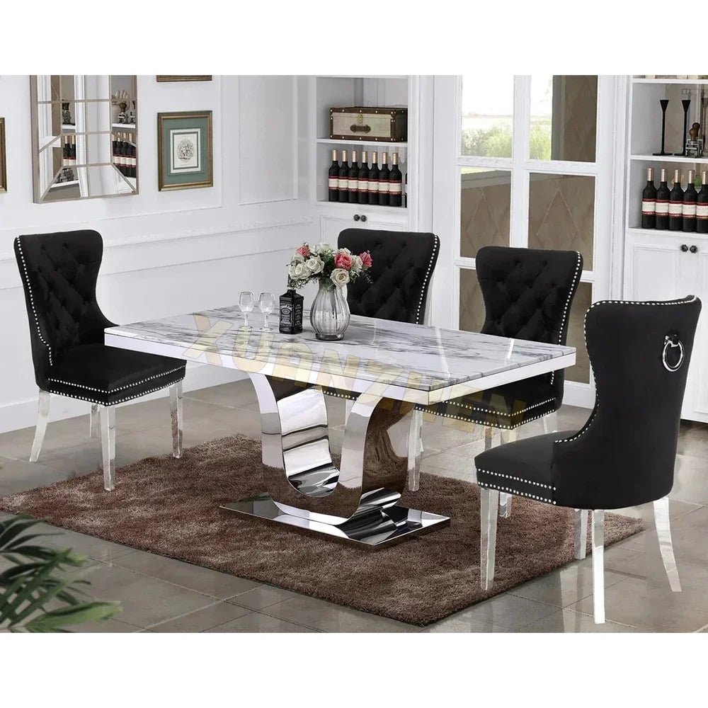 Table à manger luxe en marbre et acier inoxydable - Design moderne blanc pour salle à manger - Cuisine Chez Nadine