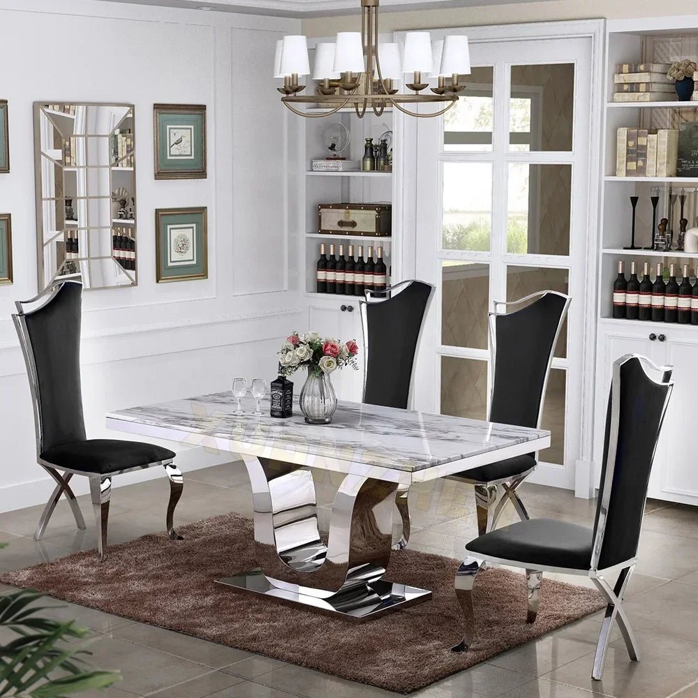 Table à manger luxe en marbre et acier inoxydable - Design moderne blanc pour salle à manger - Cuisine Chez Nadine