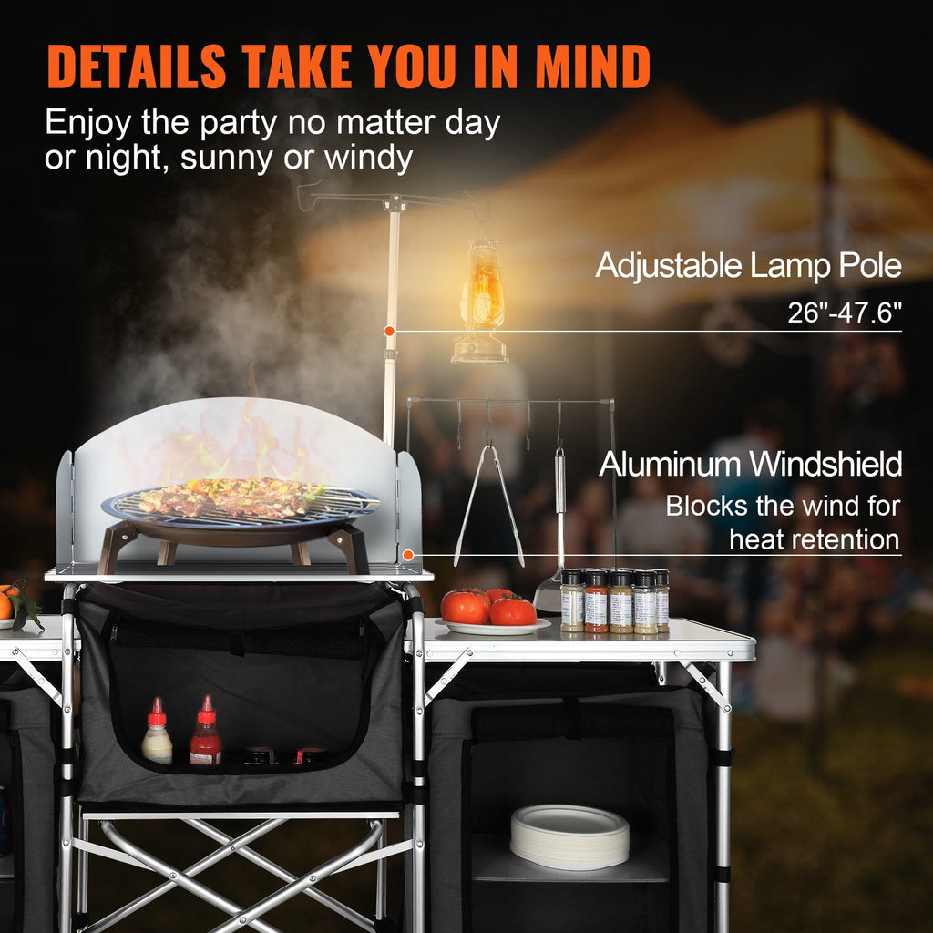 Table de cuisine de camping VEVOR en aluminium pliable avec pare - vent et rangements - Cuisine Chez Nadine