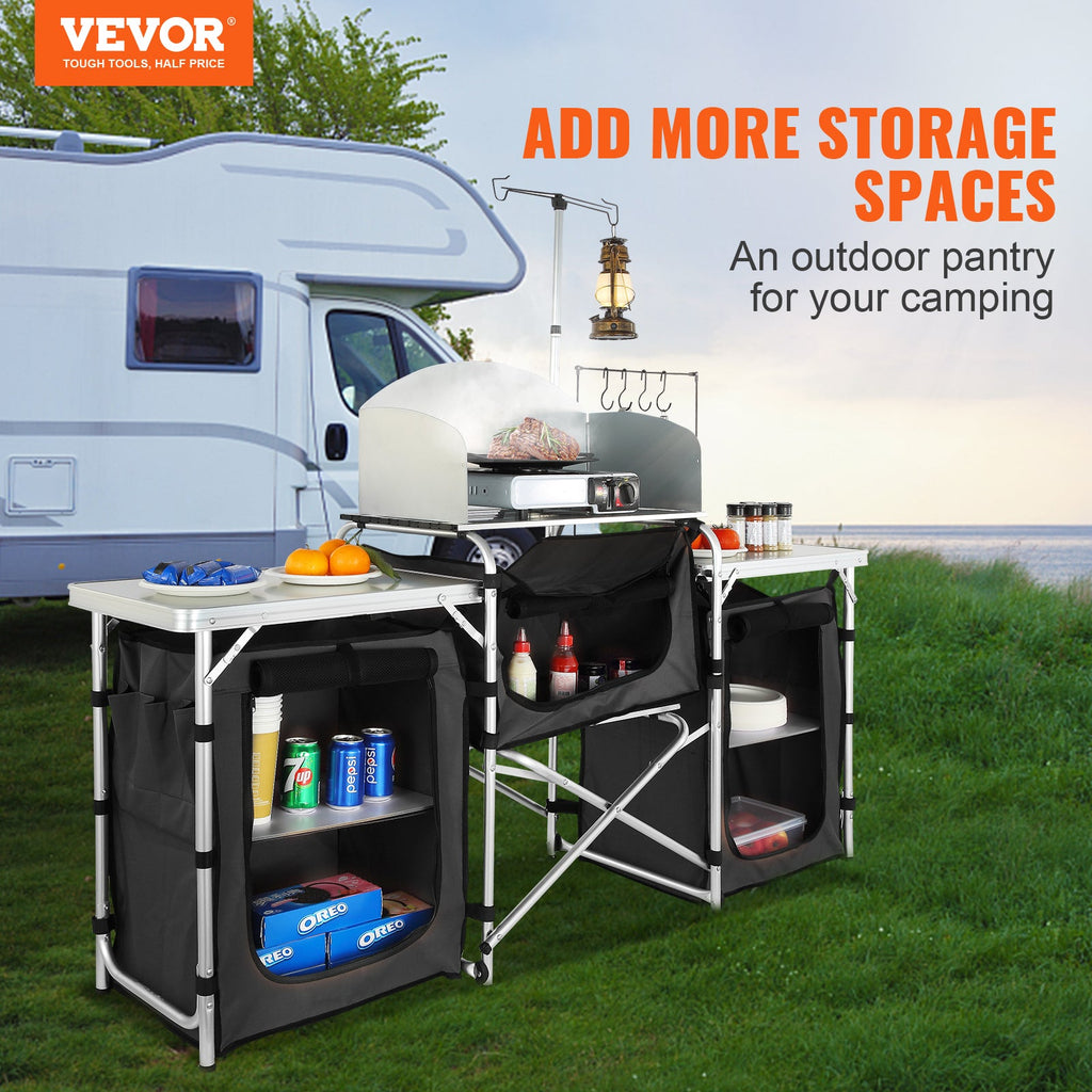 Table de cuisine de camping VEVOR en aluminium pliable avec pare - vent et rangements - Cuisine Chez Nadine