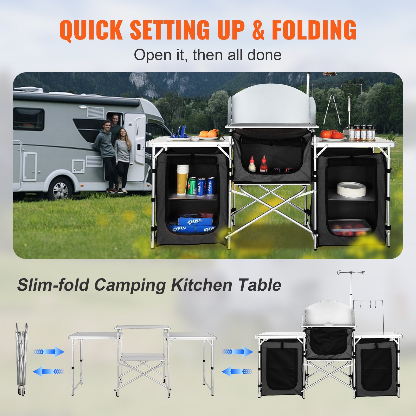 Table de cuisine de camping VEVOR en aluminium pliable avec pare - vent et rangements - Cuisine Chez Nadine