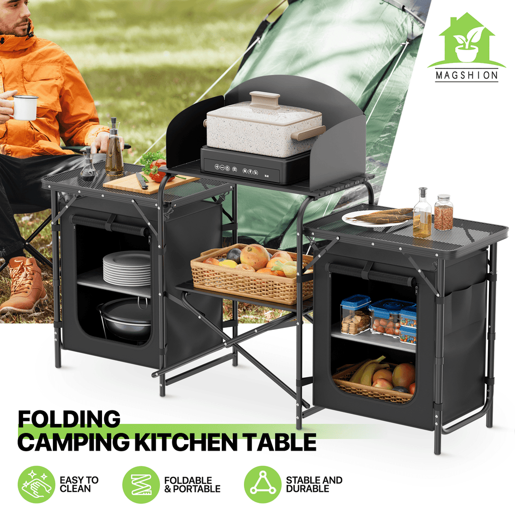 Table de cuisine pliante portable Magshion avec rangement et pare - vent - Table de camping extérieur en aluminium avec sac de transport à fermeture éclair - Cuisine Chez Nadine