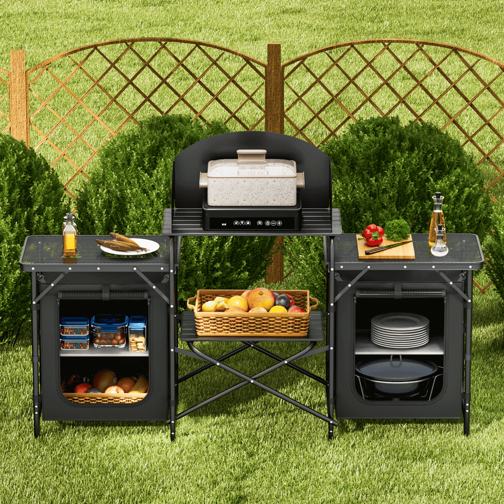 Table de cuisine pliante portable Magshion avec rangement et pare - vent - Table de camping extérieur en aluminium avec sac de transport à fermeture éclair - Cuisine Chez Nadine