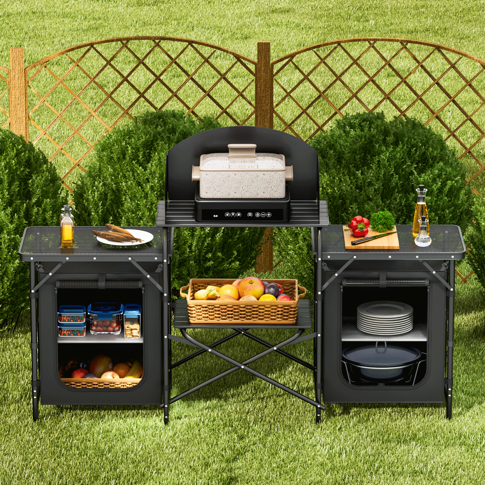 Table de cuisine pliante portable Magshion avec rangement et pare - vent - Table de camping extérieur en aluminium avec sac de transport à fermeture éclair - Cuisine Chez Nadine