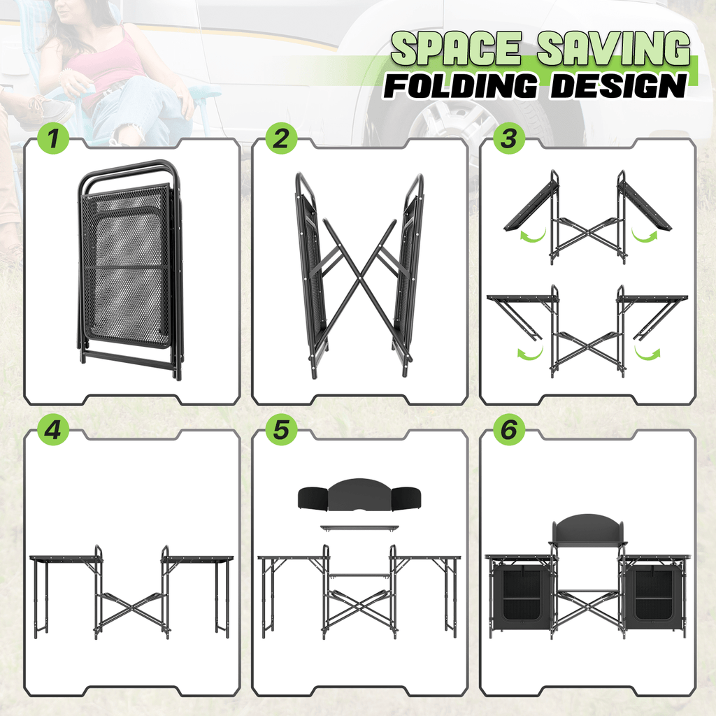 Table de cuisine pliante portable Magshion avec rangement et pare - vent - Table de camping extérieur en aluminium avec sac de transport à fermeture éclair - Cuisine Chez Nadine