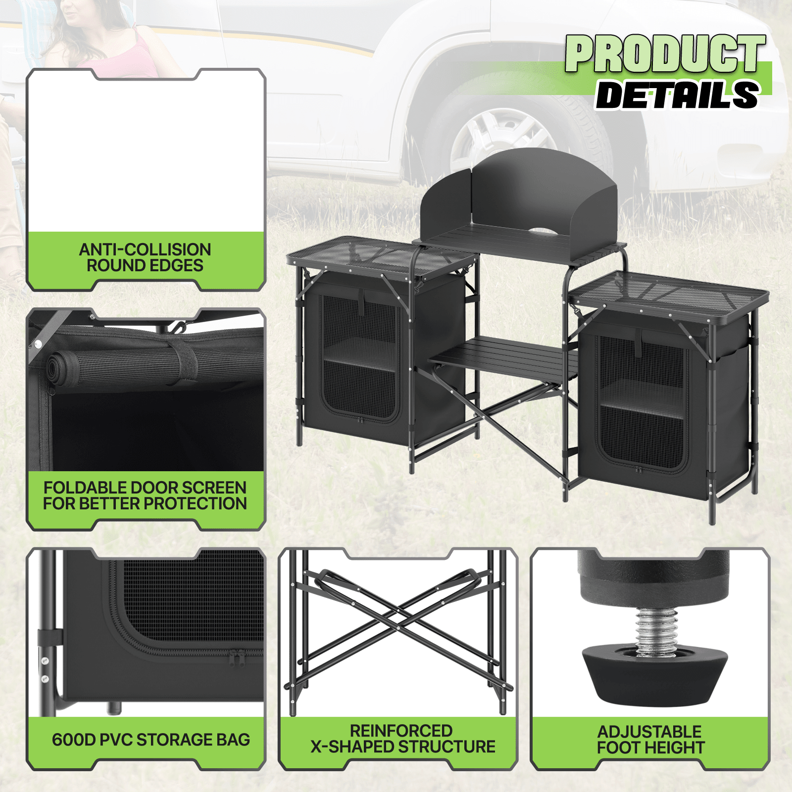 Table de cuisine pliante portable Magshion avec rangement et pare - vent - Table de camping extérieur en aluminium avec sac de transport à fermeture éclair - Cuisine Chez Nadine