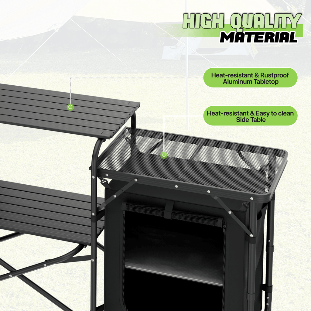 Table de cuisine pliante portable Magshion avec rangement et pare - vent - Table de camping extérieur en aluminium avec sac de transport à fermeture éclair - Cuisine Chez Nadine