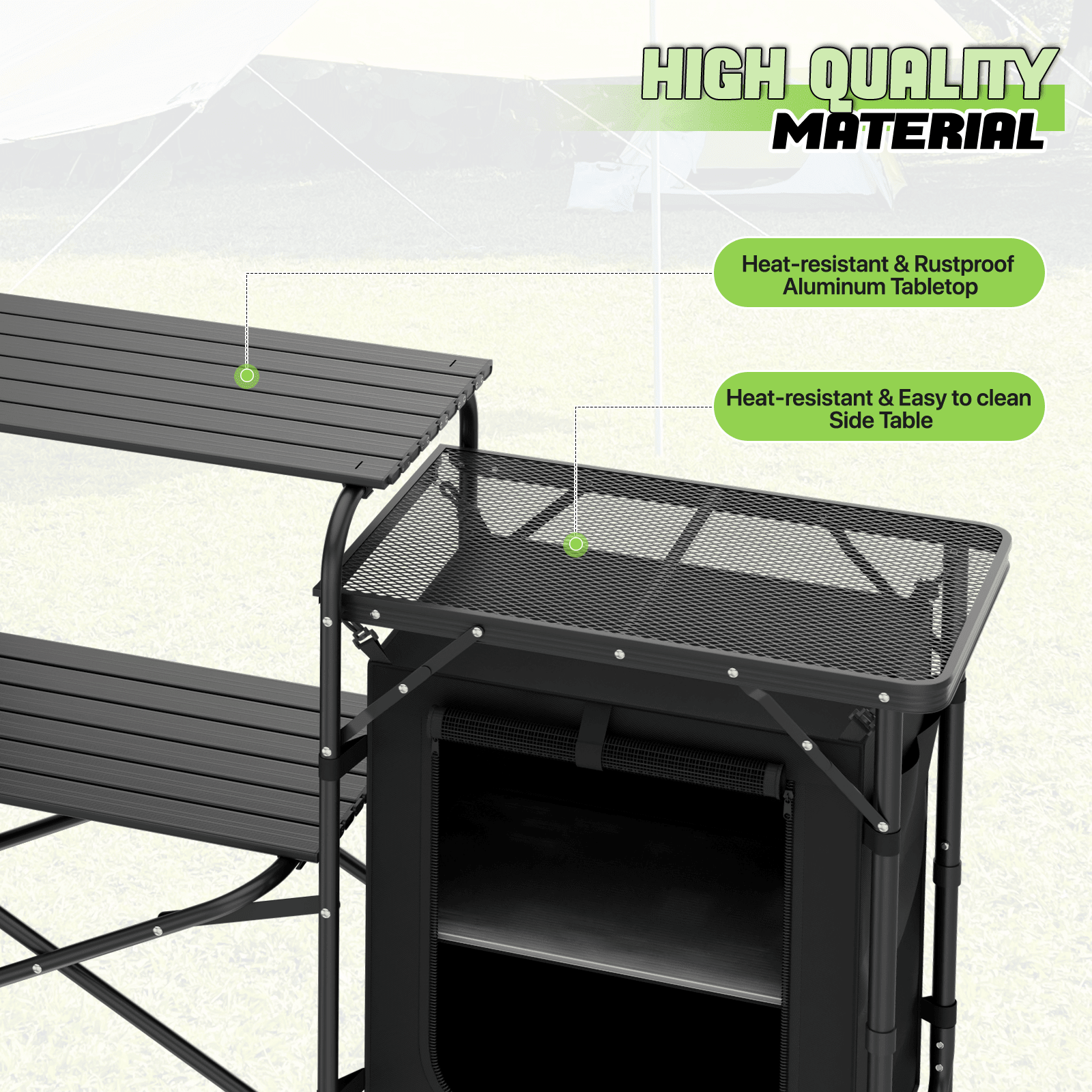 Table de cuisine pliante portable Magshion avec rangement et pare - vent - Table de camping extérieur en aluminium avec sac de transport à fermeture éclair - Cuisine Chez Nadine