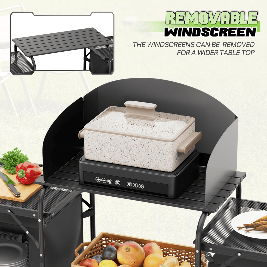 Table de cuisine pliante portable Magshion avec rangement et pare - vent - Table de camping extérieur en aluminium avec sac de transport à fermeture éclair - Cuisine Chez Nadine